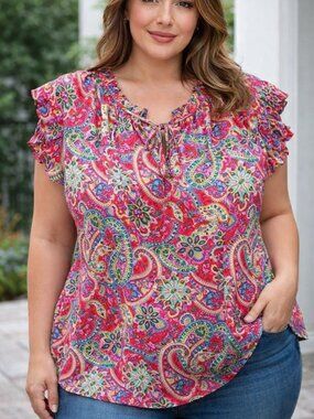 Chenault Vibrant Pink Paisley Tie-Neck Blouse with Ruffled Trim - 1X